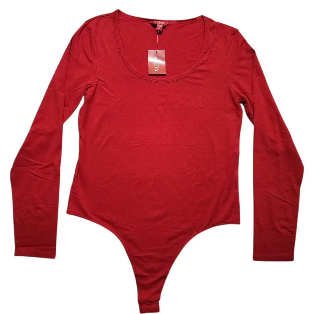 Guess Women's Long Sleeve Bodysuit - Stretch, Soft,‎ Versatile Tops Red Size XL